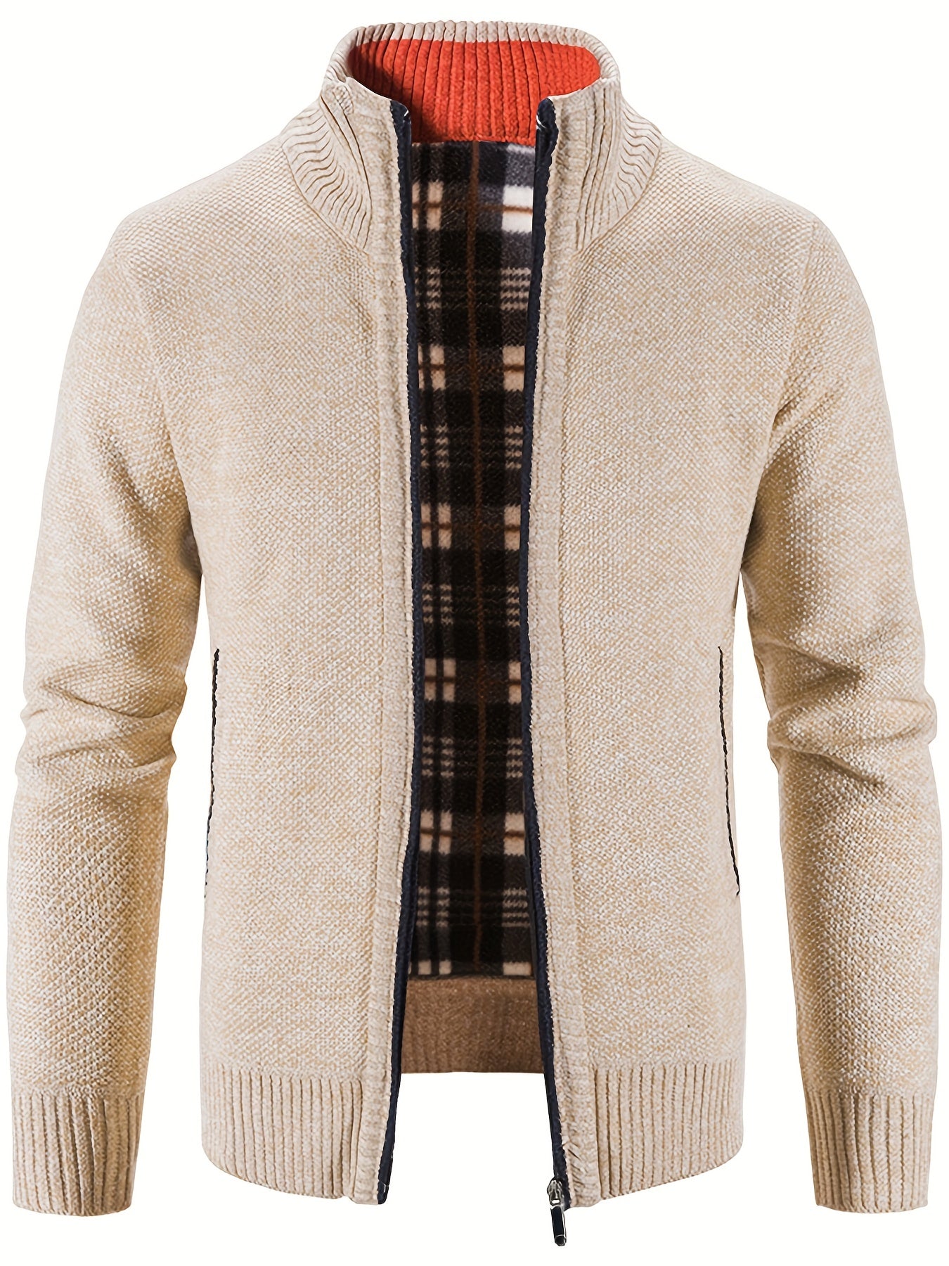 Men's Warm Stand Collar Fleece Jacket Semi-Formal Solid Zip Up Cardigan