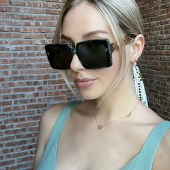 Large Square Sunglasses For Women Men Star Chain Charm UV400 Sun Shades