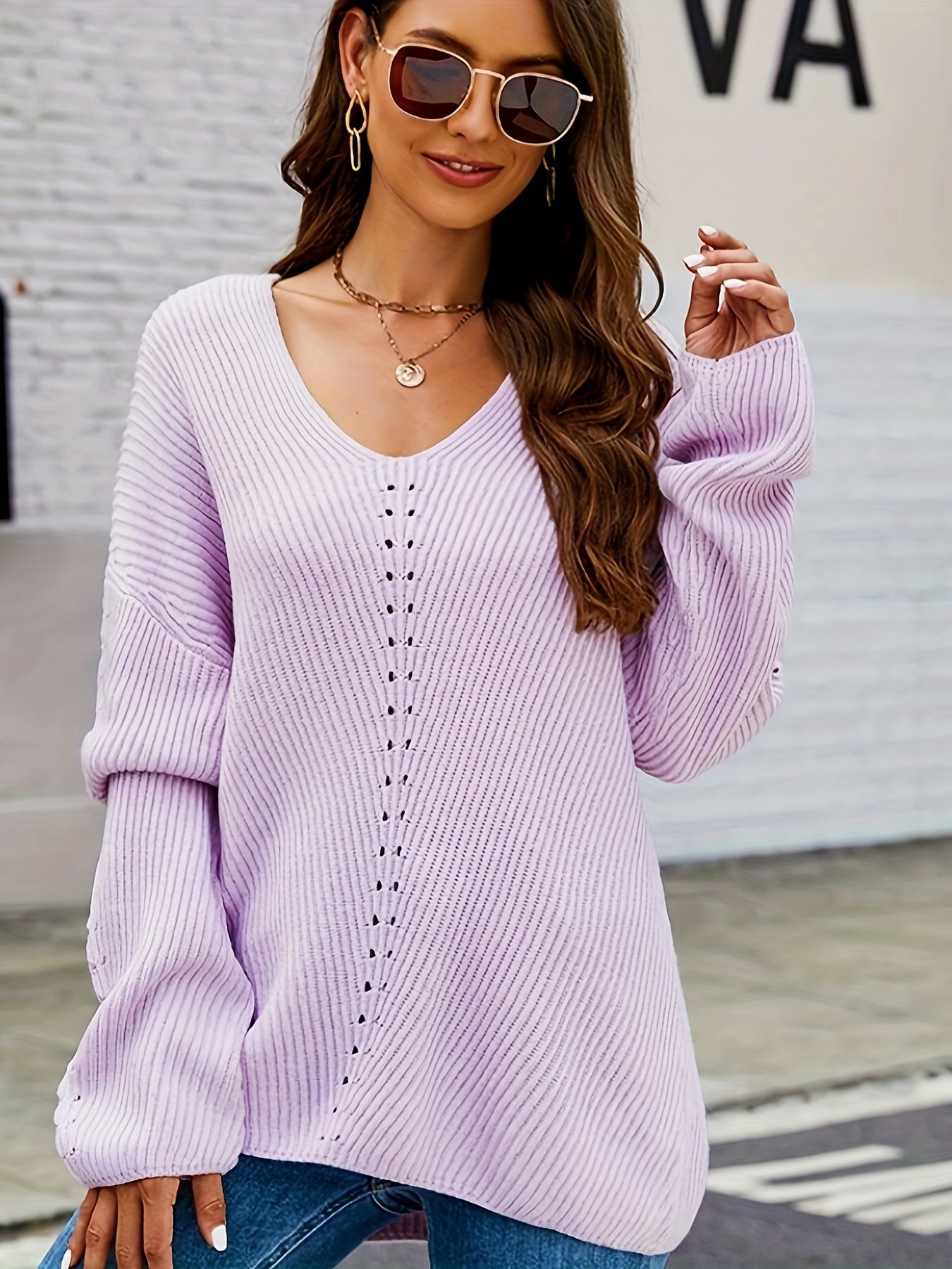  Casual Hollow Out V Neck Sweater Long Sleeve Jumper