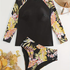  Tropical Print Tankini Set Long Sleeve Crew Neck Top & Panty Swimwear
