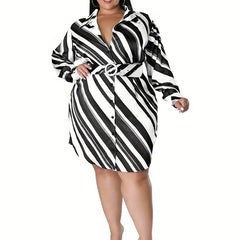  Strip Print Lapel Collar Belted Mini Dress