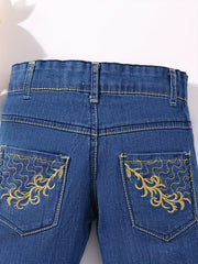 Girls' Swirls Embroidered Denim Pants Regular Fit
