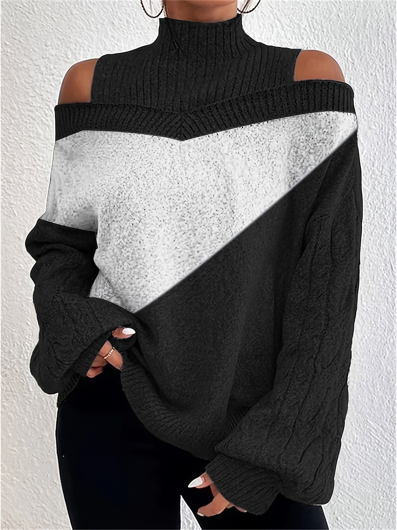  Colorblock Cable Lantern Sleeve High Neck Jumper