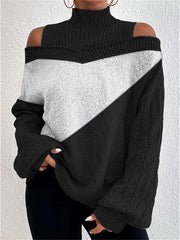  Colorblock Cable Lantern Sleeve High Neck Jumper