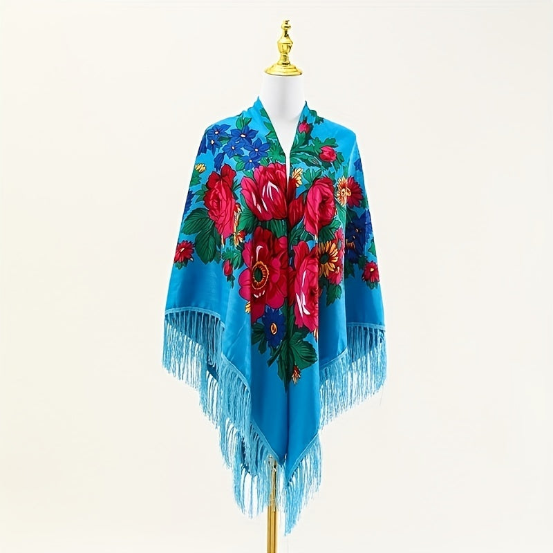 Boho Tassel Shawl Classic Flower Print Square Scarf Vintage Wraps for Women