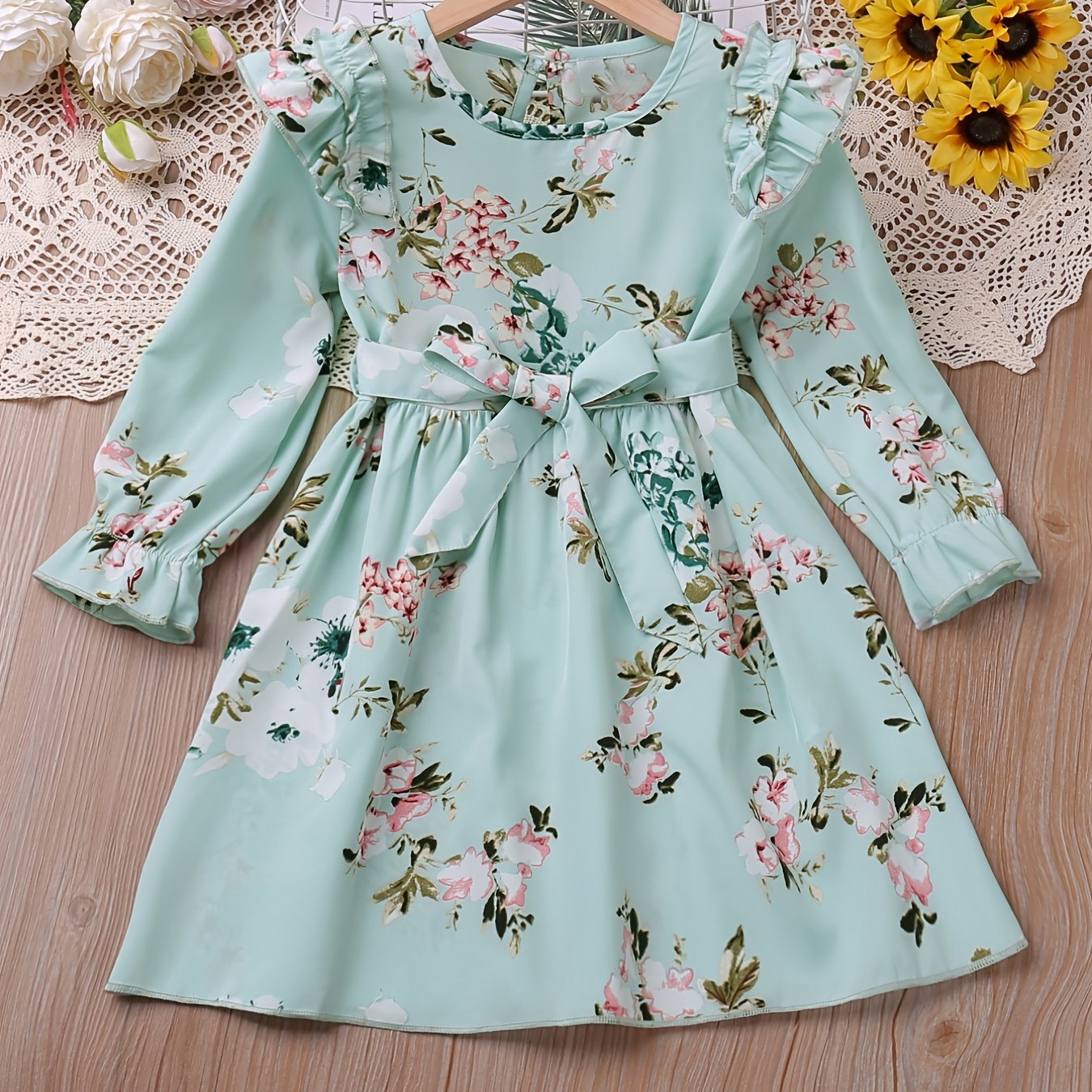 Girls Ruffle Long Sleeve Floral Print Belted Dress