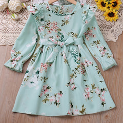 Girls Ruffle Long Sleeve Floral Print Belted Dress
