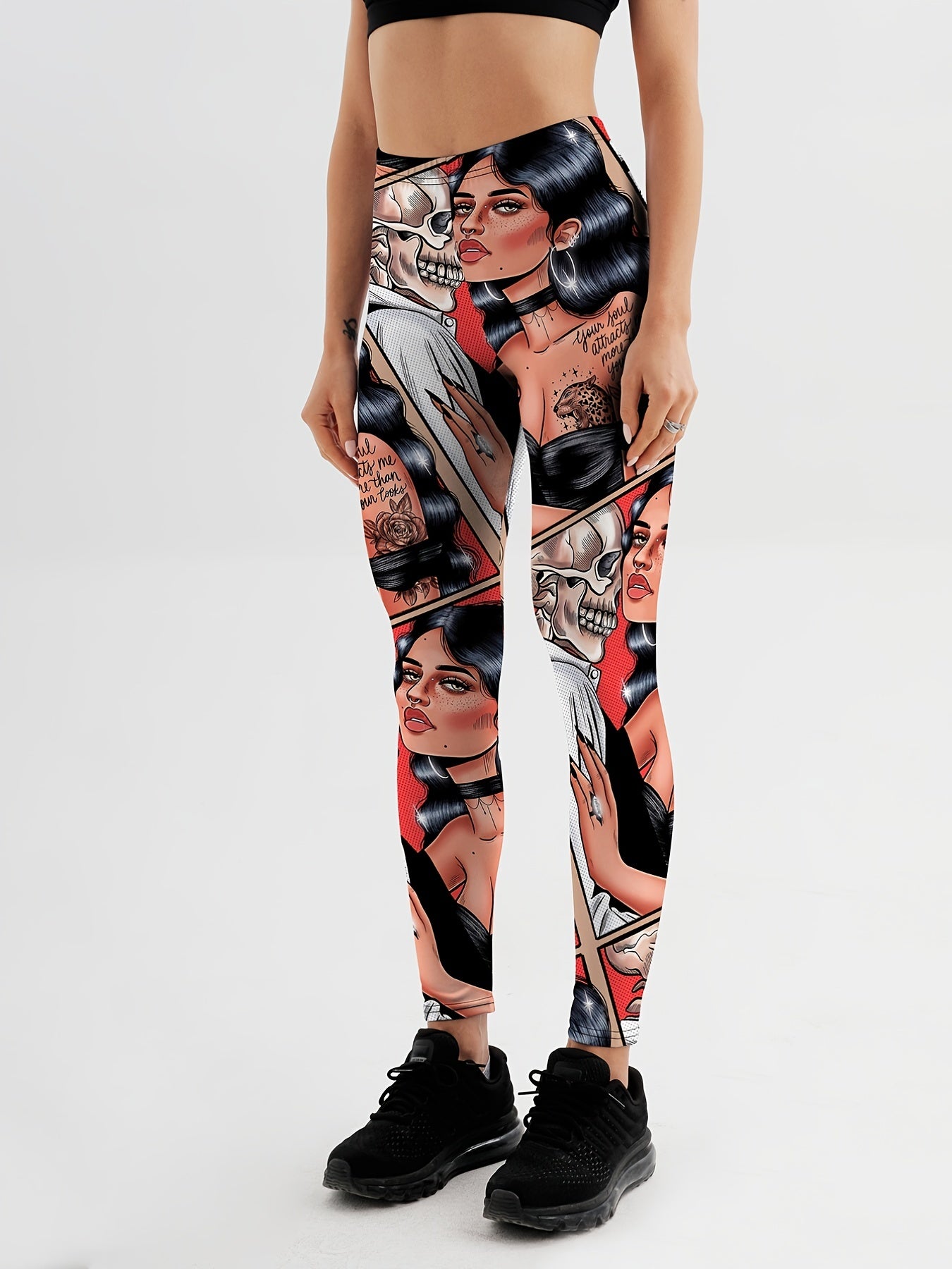 Cartoon Skull Print Yoga Leggings For Halloween High Stretch