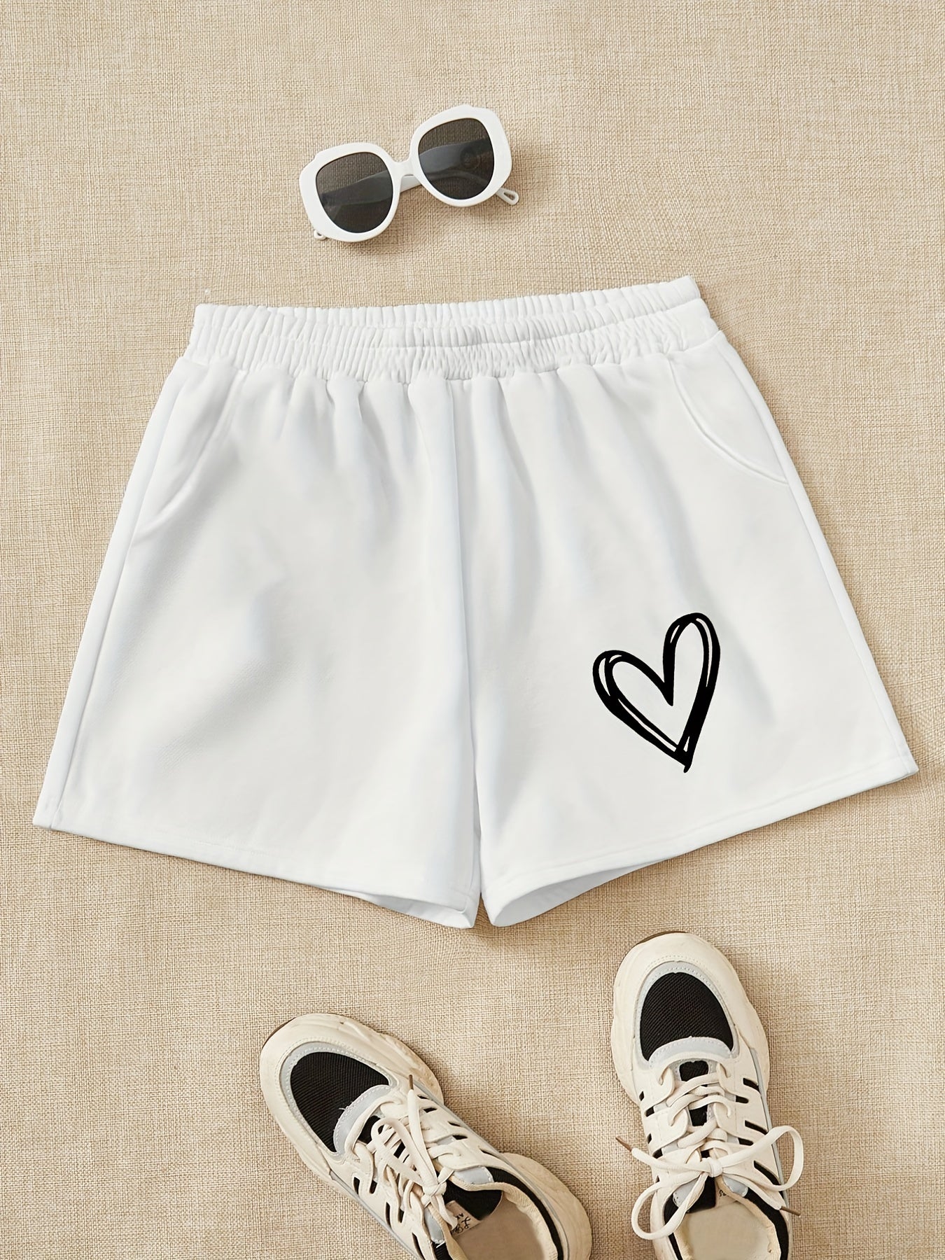 Girls Heart Print Sweat Shorts Elastic Waist Casual Sports Clothes