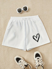 Girls Heart Print Sweat Shorts Elastic Waist Casual Sports Clothes