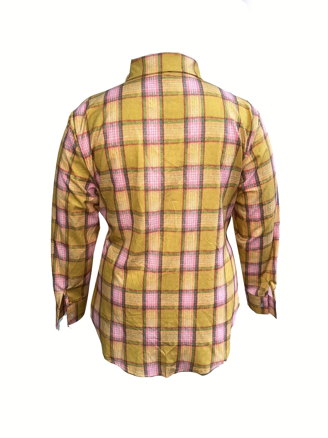  Plaid Print Side Split Blouse Long Sleeve Button Up