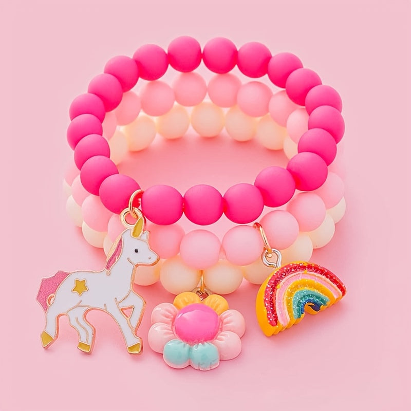 3pcs Girls Beaded Bracelets Unicorn Rainbow Flower Pendant
