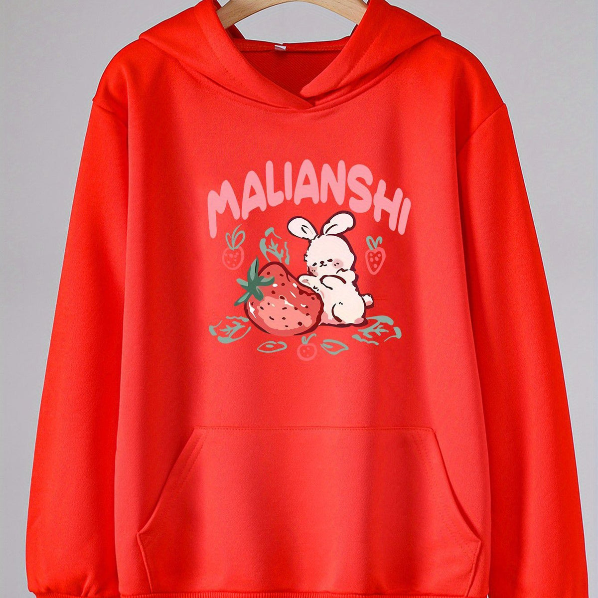 Girls Rabbit & Strawberry Pattern Hooded Sweatshirt for Spring & Autumn