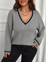  Stripe Print V Neck Sweater
