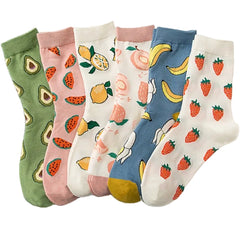6 Pairs Fruits Pattern Socks Multicolor Casual Mid Tube Women's Stockings