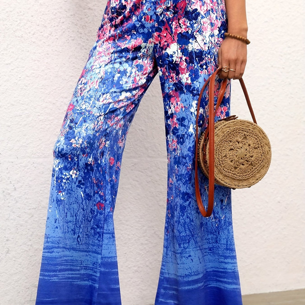 Floral Print High Rise Stretch Flare Leg Pants