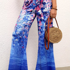 Floral Print High Rise Stretch Flare Leg Pants