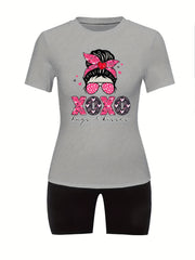  Cartoon Figure & Letter Print Tee & Biker Shorts Outfit Set