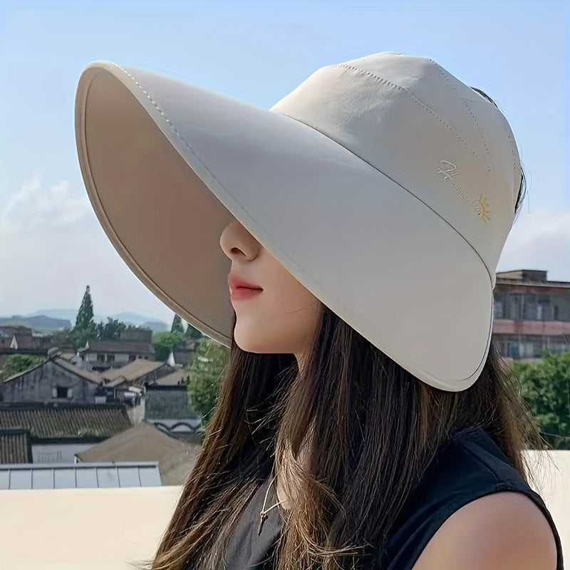 Wide Brim Ponytail Visor Hat UV Protection Windproof Sun Hats Solid Travel Beach
