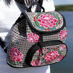 Flower Embroidered Backpack Ethnic Style Daypack Drawstring Bag