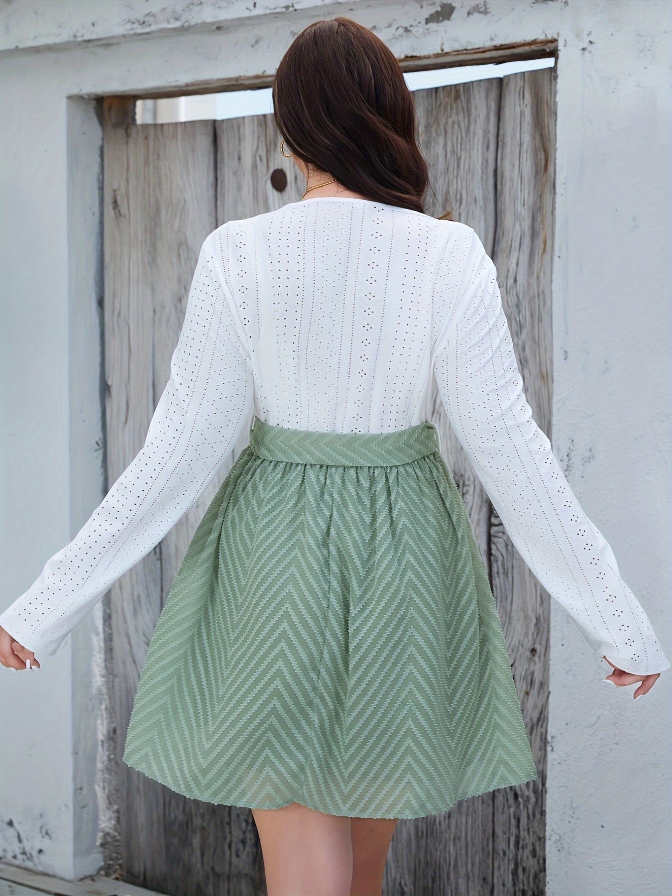  Colorblock Chevron Print Dress With Embroidery