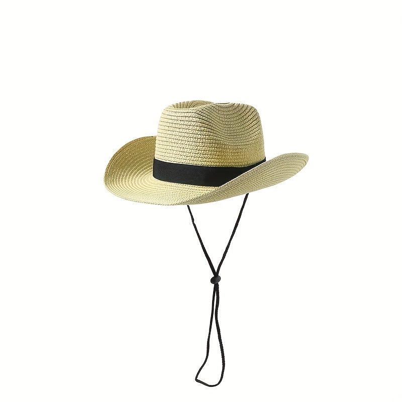 Unisex Western Cowboy Straw Hat Rolled Brim Sunscreen Sun Hat