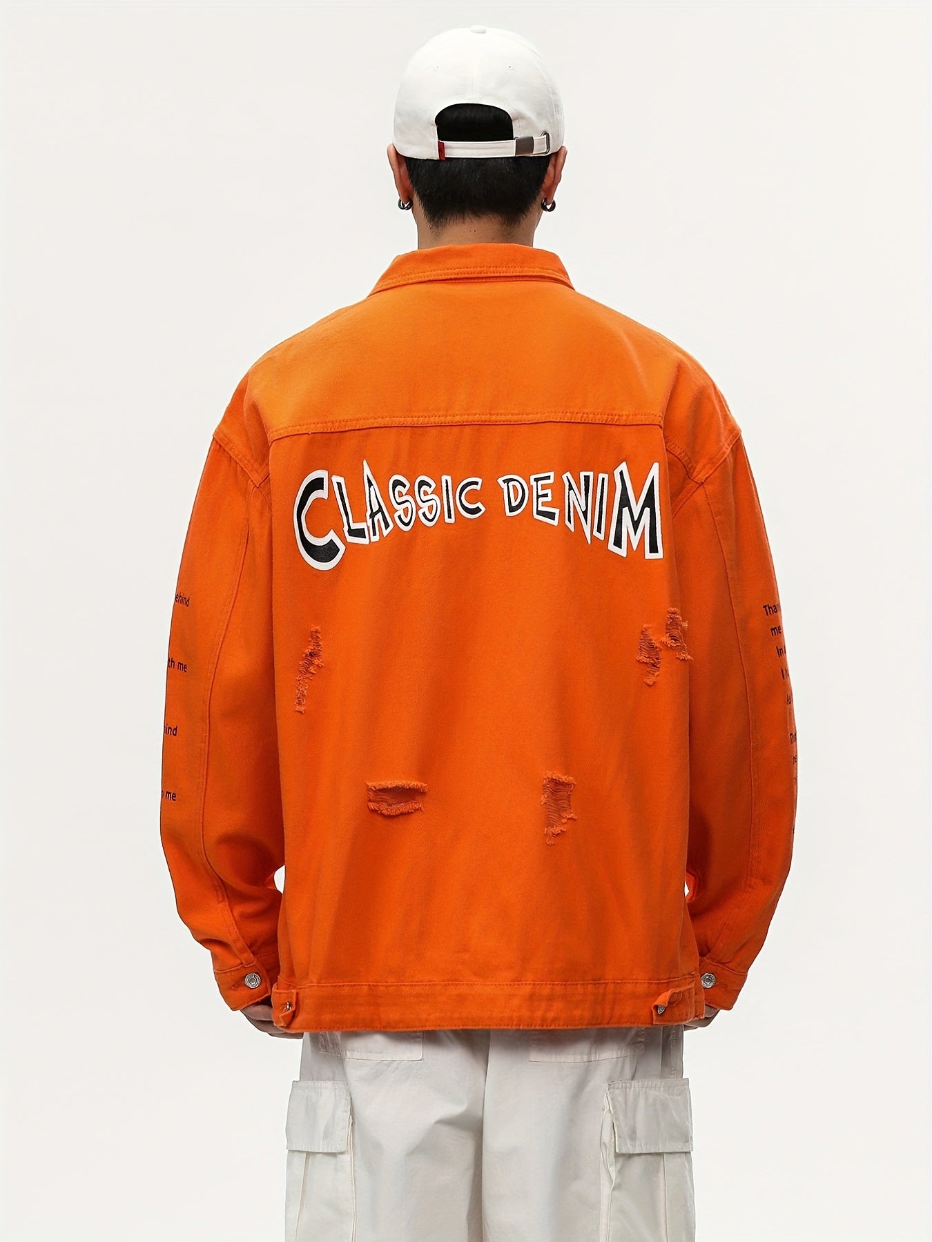 Men's Raw Trim Letter Print Denim Jacket for Spring Fall