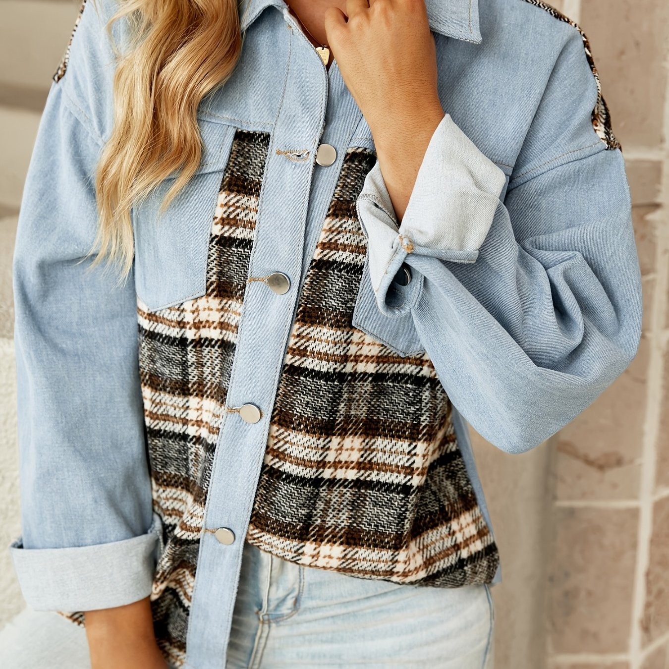 Patched Plaid Denim Jacket with Flap Pockets