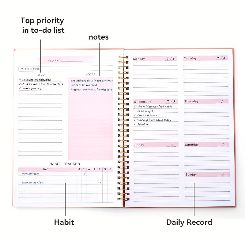 Undated Weekly Goals Notebook Spiral Binding Planner PP Cover 17.78 X 25
