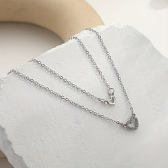 Love Faux Diamond Stacked Necklace Female Peach Heart Clavicle Chain 2pcs