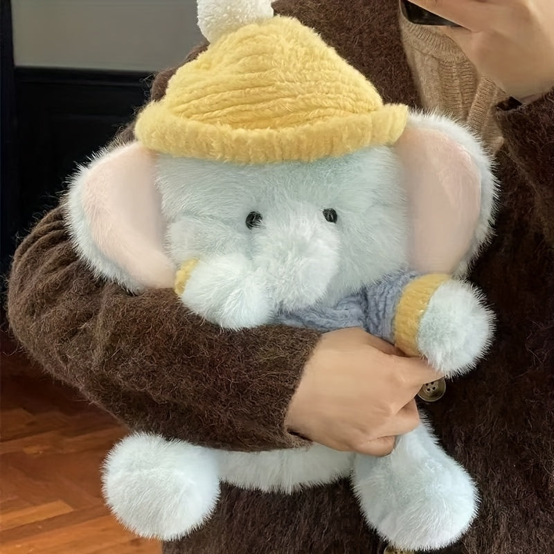 Elephant Plush Toy Realistic Cartoon Elephant with Yellow Knit Hat & Overalls