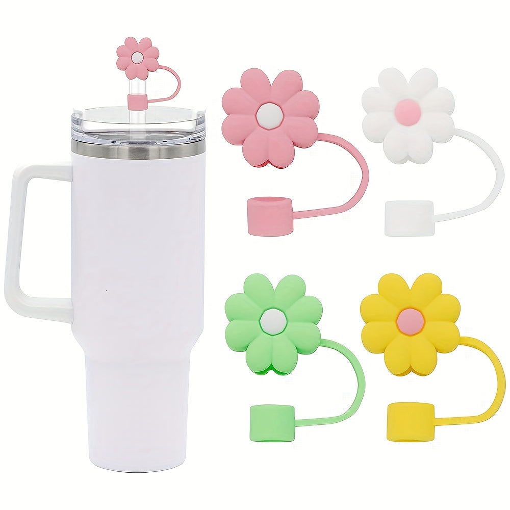 4pcs Cartoon Flower Silicone Straw Covers - Reusable Dustproof Straw Lid