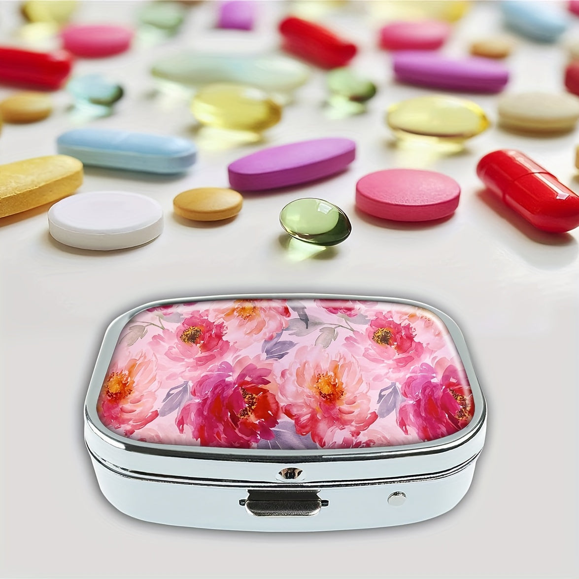 Pink Floral Pill Box Medicine Organizer for Travel