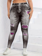 Colorblock Plaid & Denim Print Leggings