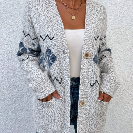  Geo Print Button Up Cardigan with Pockets