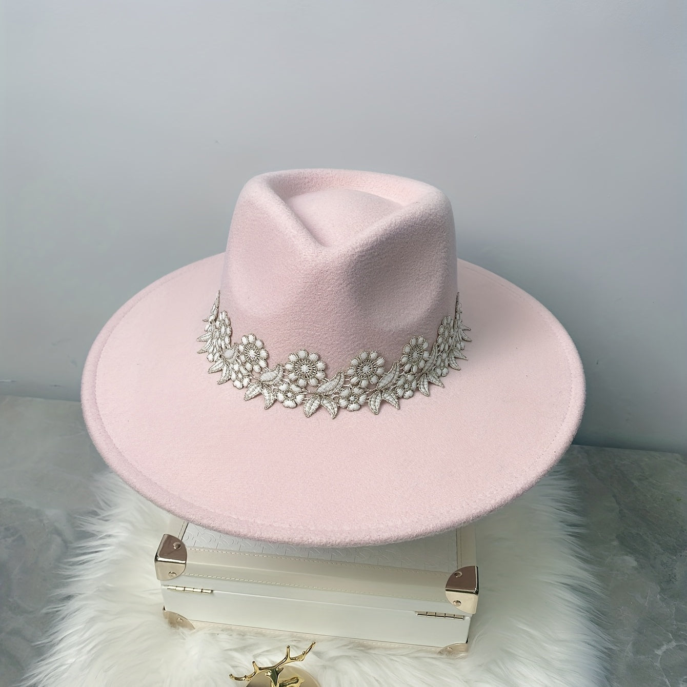 Pink Lace Flower Fedora Felt Hat for Women