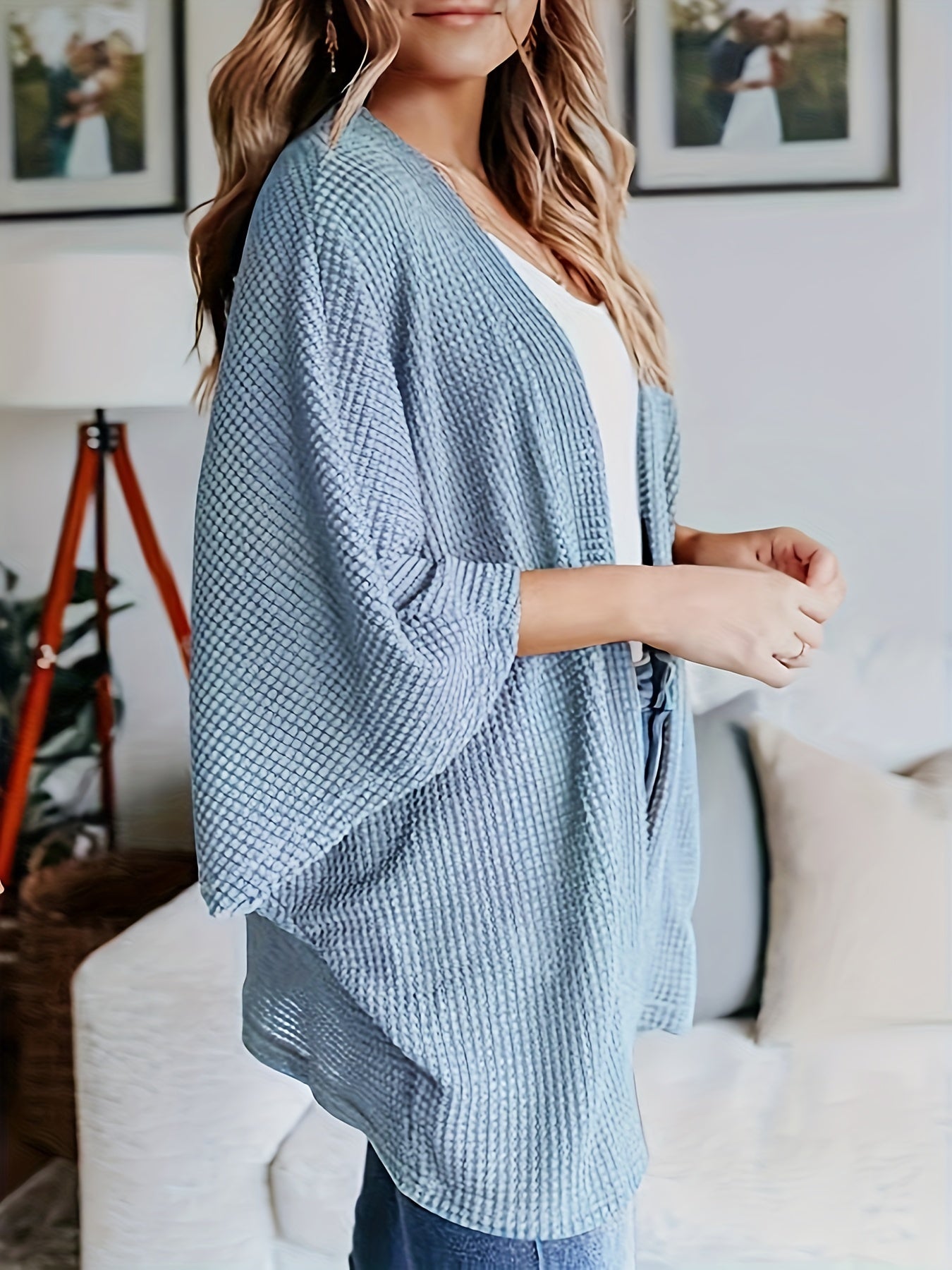 Solid Waffle Knit Bat Sleeve Cardigan