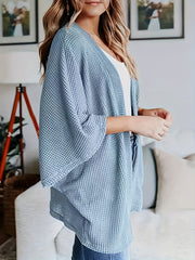  Solid Waffle Knit Bat Sleeve Cardigan