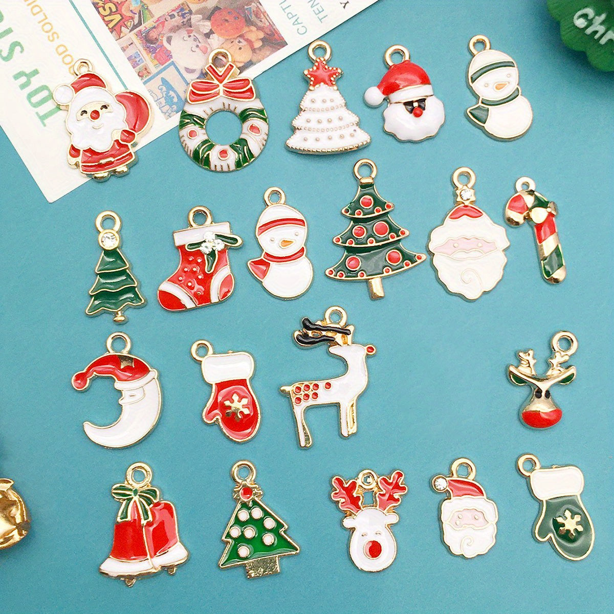 21pcs Enamel Charms Christmas Tree Santa Claus Pendants DIY Jewelry Making
