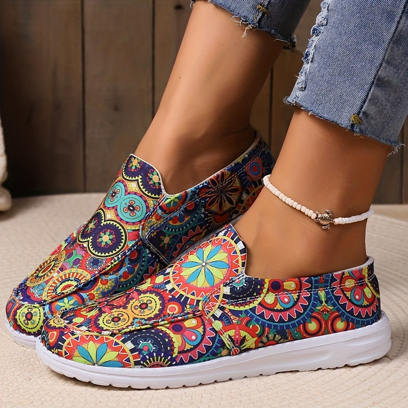 Women's Printed Canvas Slip On Low Top Shoes Comfy Walking Loafers