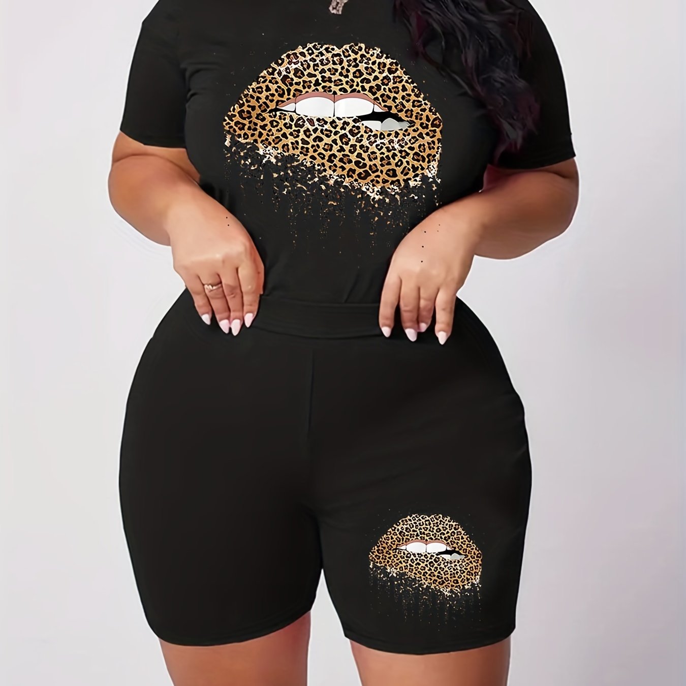  Leopard Lip Print Crop Top & Shorts Set