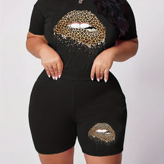  Leopard Lip Print Crop Top & Shorts Set