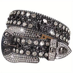 Men's Rhinestone Skull Belt Western Punk Leather Strap Crystal Buckle