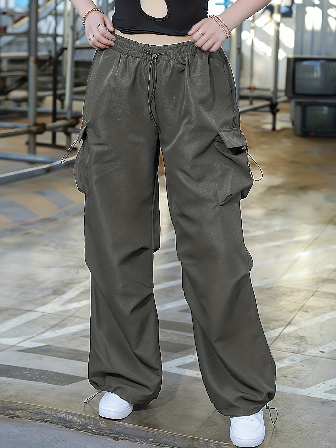  Solid Elastic Drawstring High Rise Cargo Pants