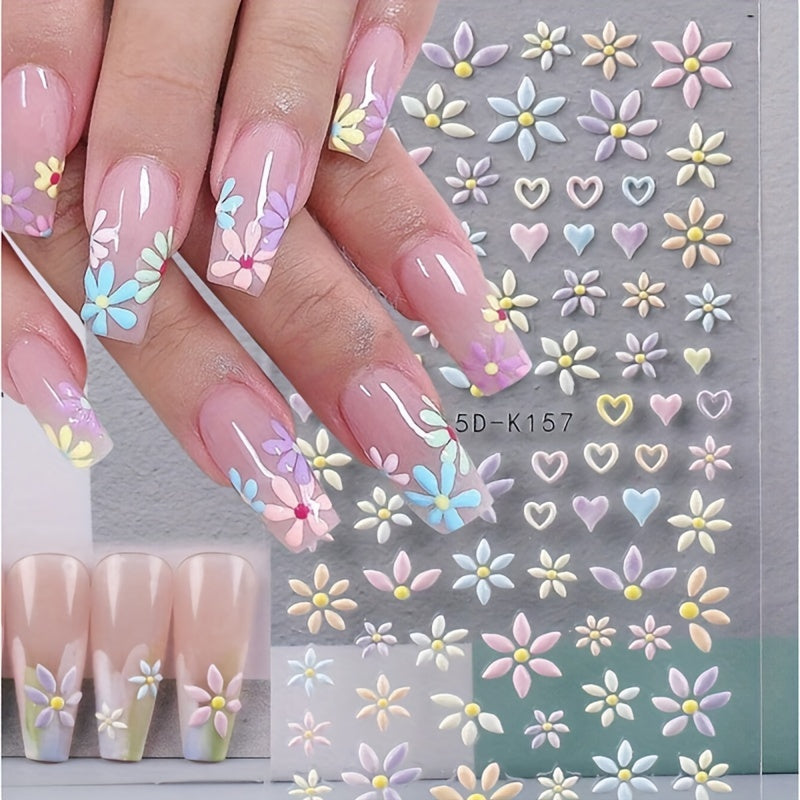 5D Embossed Flower & Heart Nail Stickers Colorful Spring Nail Art Decals
