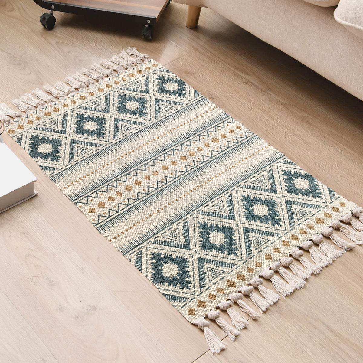 Boho Handwoven Linen Area Rug With Tassels Absorbent Bath Rug