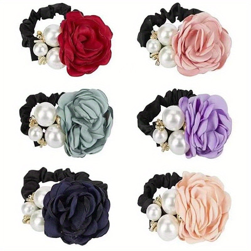 Colorful Rose Faux Pearls Hair Band Floral Beads Hair Ties