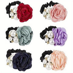 Colorful Rose Faux Pearls Hair Band Floral Beads Hair Ties