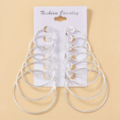 6 Pairs Silvery Big Circle Hoop Earrings Stainless Steel Silver Plated Jewelry