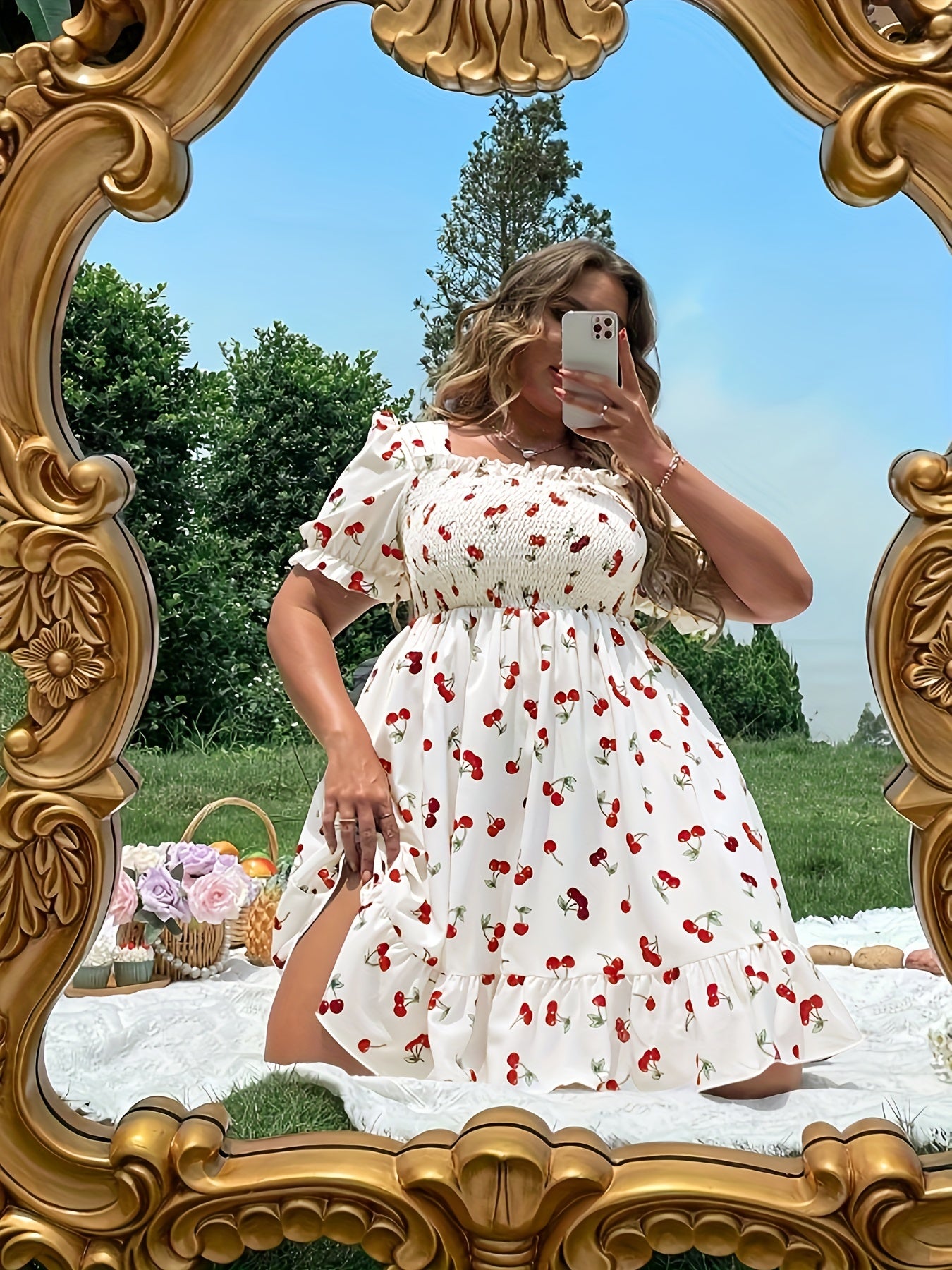Plus Size Women's Cherry Print Ruffle Trim Puff Sleeve A-Line Dress